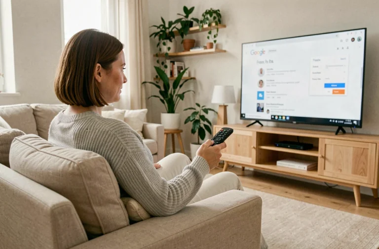 Femme utilisant la télécommande Freebox Pop pour accéder aux paramètres Google sur sa télévision dans un salon moderne