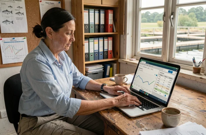 Administratrice de ferme piscicole travaillant sur un logiciel de gestion numérique dans un bureau professionnel