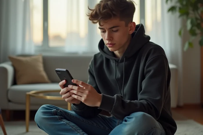 Adolescent assis sur un canapé testant une application iPhone pour mesurer la température corporelle