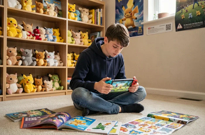 Adolescent jouant à un jeu Pokémon sur Nintendo Switch entouré de guides et peluches dans sa chambre