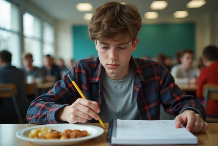 Adolescent en seconde générale réfléchissant à ses moyennes scolaires dans la cafétéria d'un lycée français