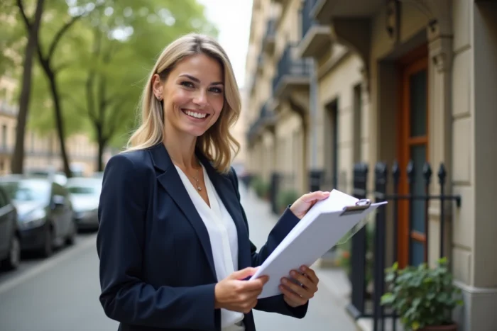Agent immobilier devant un immeuble résidentiel présentant un contrat de location LMNP