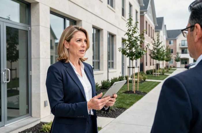Agent immobilière présentant un programme de logements neufs devant la façade d'un immeuble résidentiel moderne
