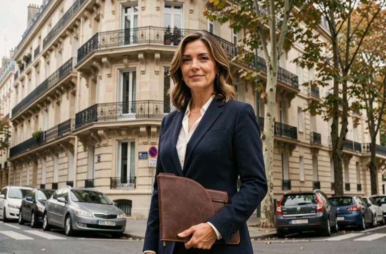 Agent immobilier devant un immeuble haussmannien à Paris, tenant un portfolio professionnel