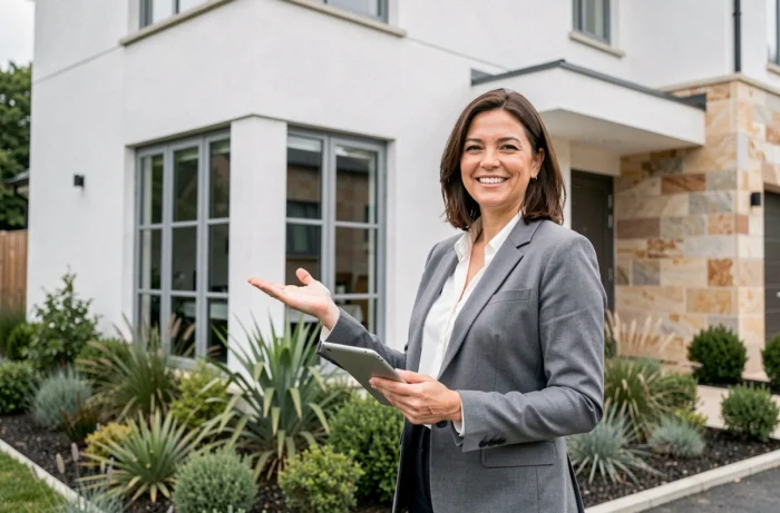 Agente immobilière présentant une maison rénovée devant sa façade moderne lors d'une visite en 2024