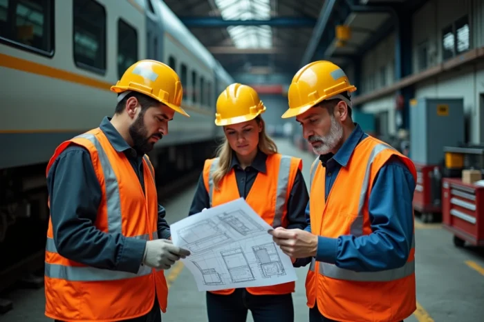 Agents de maintenance SNCF en atelier ferroviaire étudiant des plans techniques sous un train régional, illustrant les exigences et les conditions de travail dans les métiers du rail