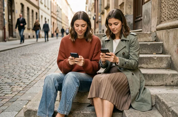 Deux amies découvrant des tendances mode sur smartphone assis sur des escaliers urbains en ville