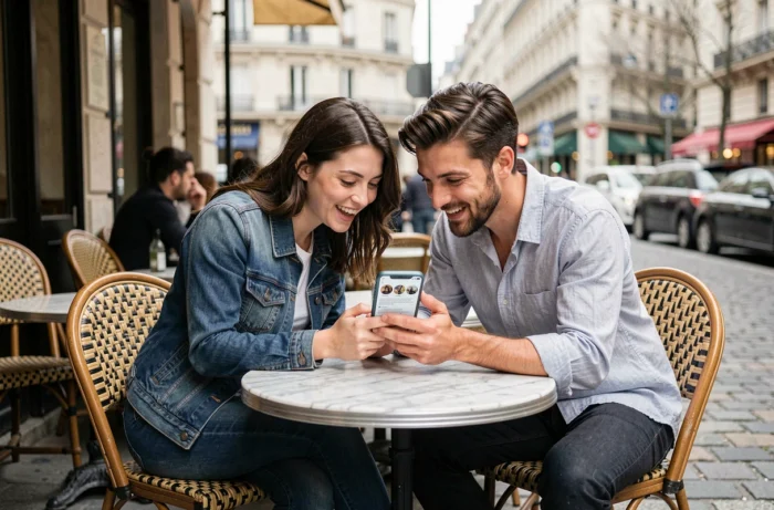 Deux amis partageant des histoires fascinantes en ligne sur un smartphone à la terrasse d'un café parisien