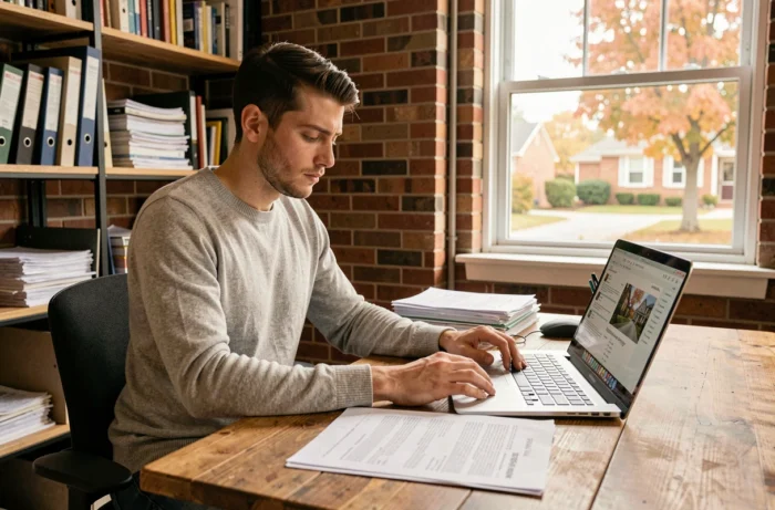 Jeune homme analysant des contrats immobiliers et des annonces en ligne dans un bureau à domicile