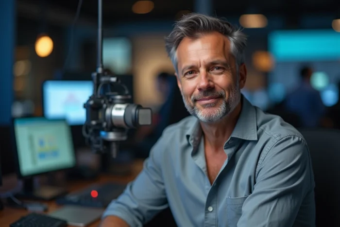 Animateur masculin en studio de radio ou télévision assis derrière un bureau de présentateur avec équipements professionnels