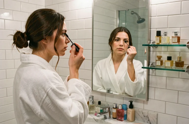 Jeune femme appliquant du mascara devant un miroir de salle de bain lors de sa routine maquillage matinale