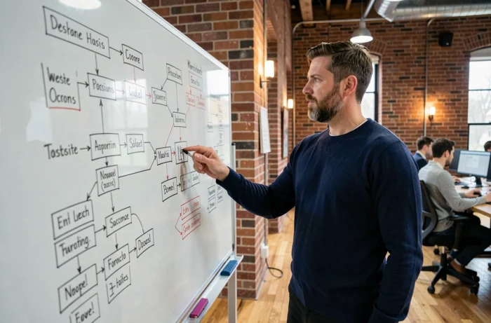 Homme présentant une architecture de navigation de site web sur un tableau blanc dans un bureau moderne