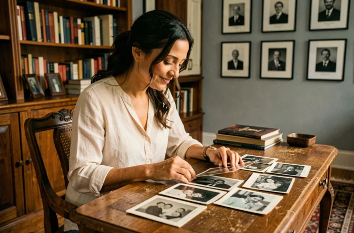 Femme aux origines familiales inspiratrices consultant de vieilles photographies dans un bureau chaleureux chargé d'histoire