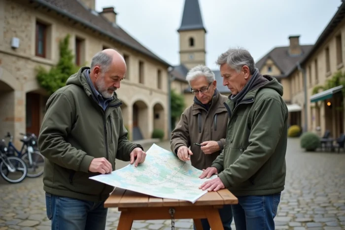Trois bénévoles planifiant l'organisation d'une fête communale sur une place de village avec une carte et un presse-papiers
