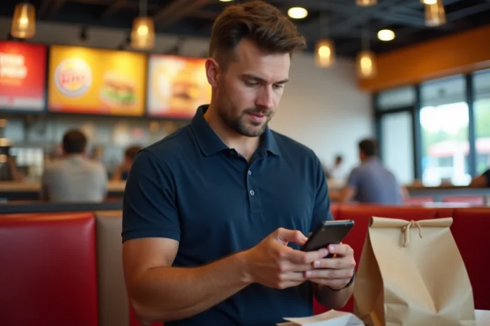 Homme consultant le site bkvousecoute.fr sur son smartphone avec un ticket Burger King dans un restaurant