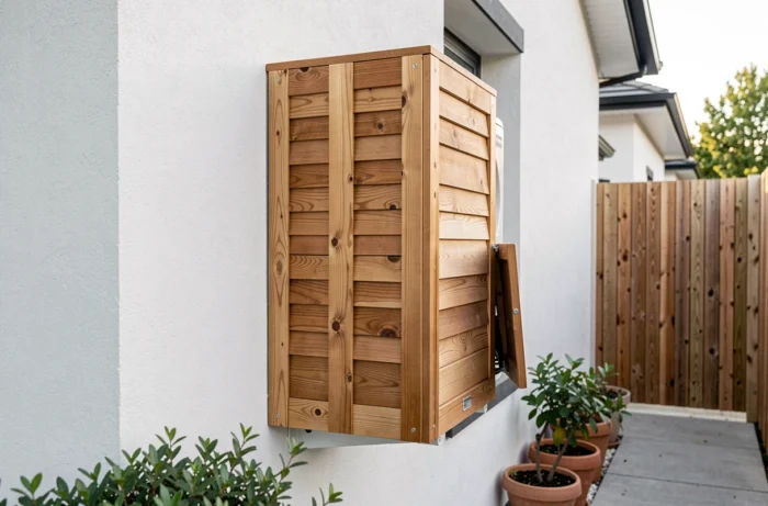 Caisson antibruit en bois terminé installé autour d'une unité extérieure de climatiseur sur facade de maison