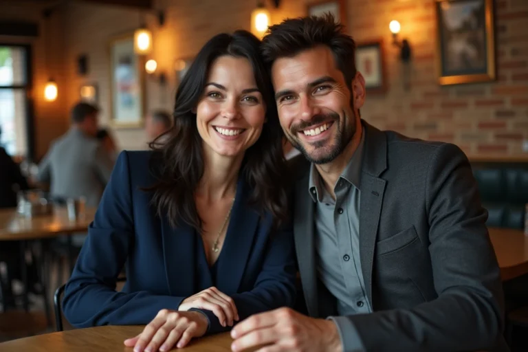 Couple élégant partageant un moment complice dans un bistrot parisien, illustrant la vie amoureuse de Caroline Munoz et son mari