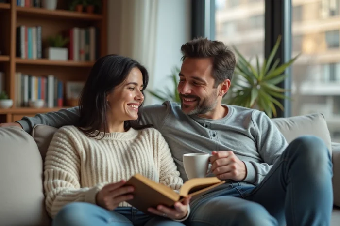 Couple détendu dans un salon moderne et chaleureux, représentant la vie privée et intime de Caroline Munoz et son compagnon