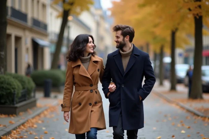 Femme et son partenaire se promenant main dans la main sur un boulevard parisien en automne, évoquant la relation de Caroline Munoz avec son mari