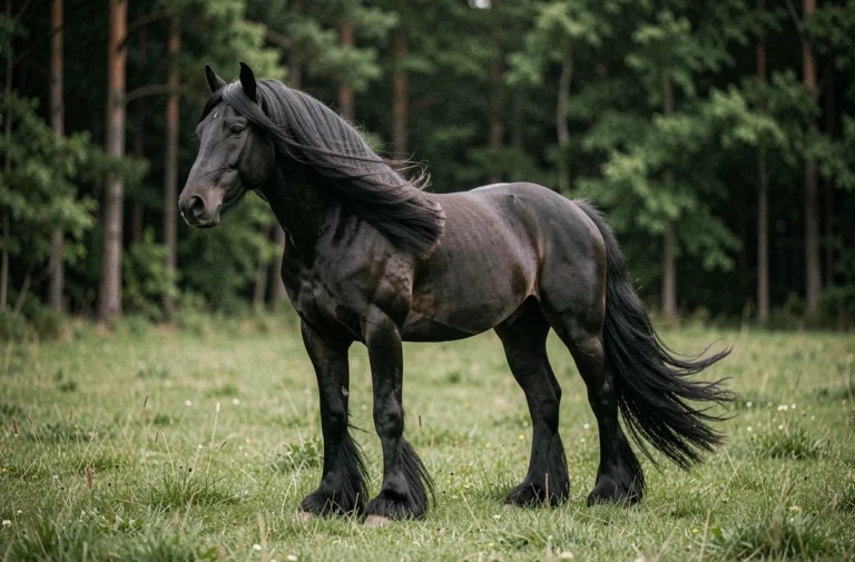 Cheval frison noir en liberté dans un pré verdoyant, avec sa crinière ondulante et ses jambes emplumées, illustrant l'élégance naturelle de la race