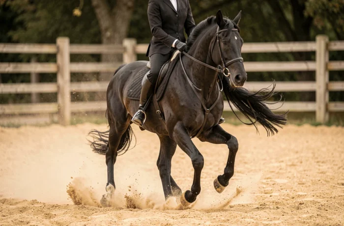 Cheval frison noir au trot dans une arène équestre, monté par un cavalier en tenue classique, capturant la puissance et la grâce de cette race emblématique