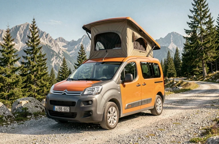 Citroën Campster garé sur une route de montagne avec toit relevé et décor naturel de pins et rochers