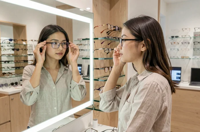 Jeune femme essayant des montures de lunettes devant un miroir dans une boutique d'optique