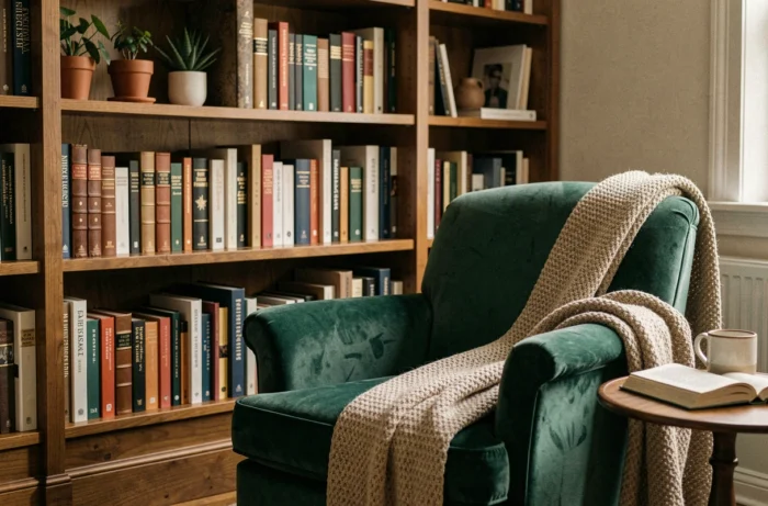 Coin lecture confortable avec fauteuil en velours émeraude et bibliothèque intégrée du sol au plafond