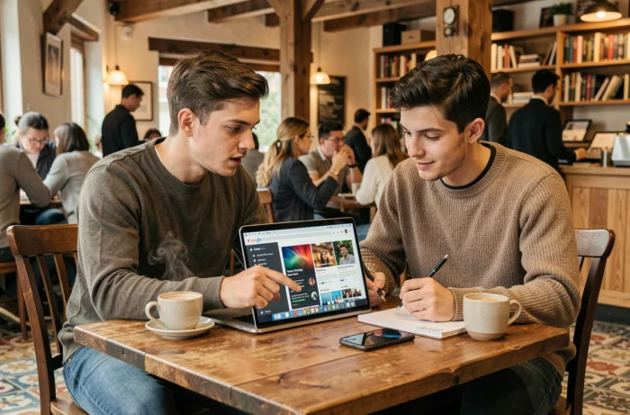 Deux professionnels collaborant sur les nouveautés digitales avec un ordinateur portable dans un café
