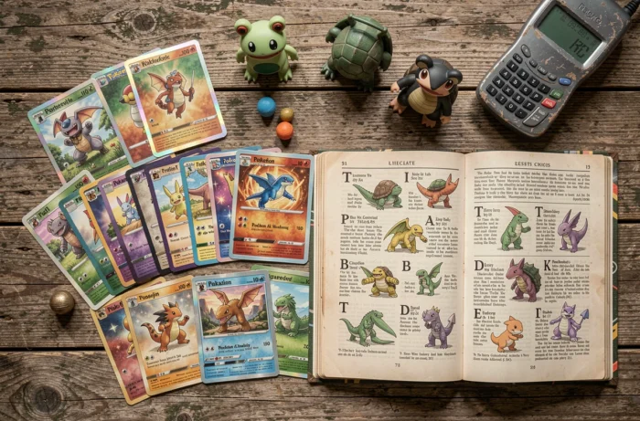 Collection de cartes et figurines Pokémon commençant par T disposées en flat lay sur un bureau en bois