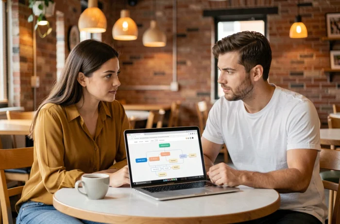 Deux collègues analysant ensemble un sitemap de site web sur un ordinateur portable dans un espace de coworking