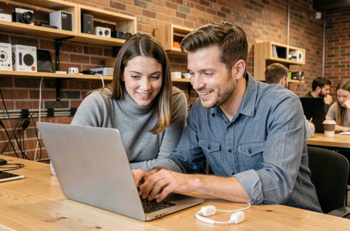 Deux collègues explorant les dernières tendances technologiques ensemble dans un espace de coworking moderne