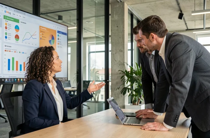 Équipe en réunion autour d'un écran de communication digitale en entreprise