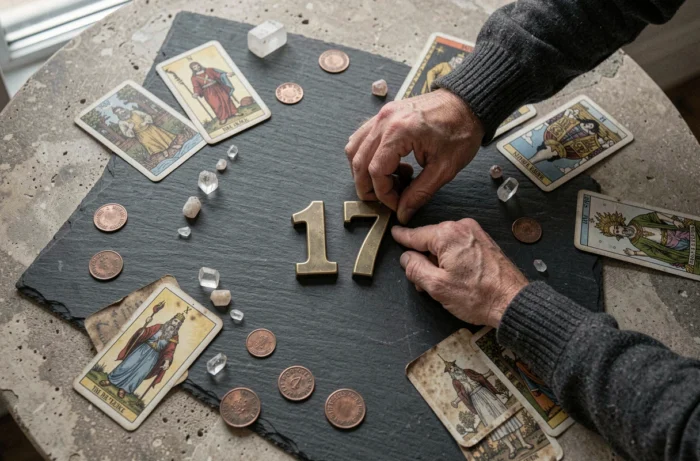 Composition en vue de dessus avec le chiffre 17 en laiton entouré de cartes et cristaux sur ardoise