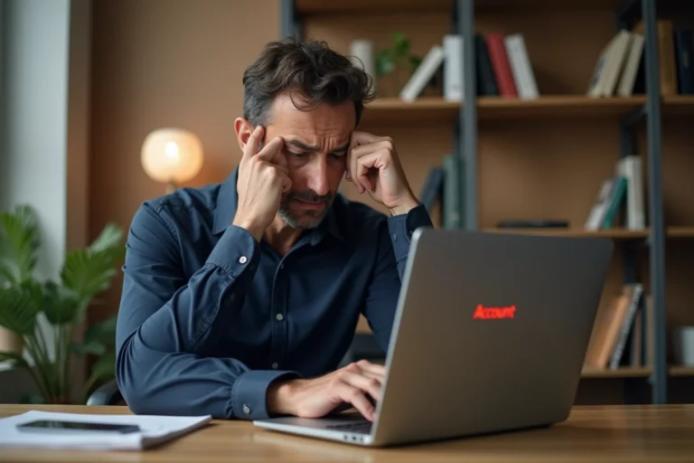 Homme frustré devant son ordinateur portable affichant un message d'erreur de compte bloqué