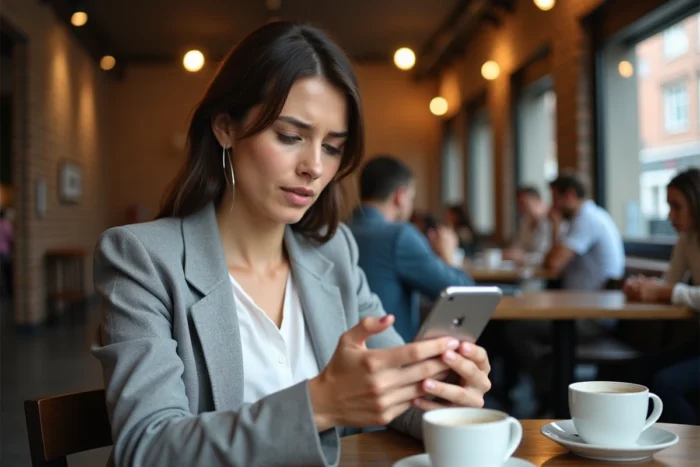 Femme consultant une notification de compte refusé sur son smartphone dans un café