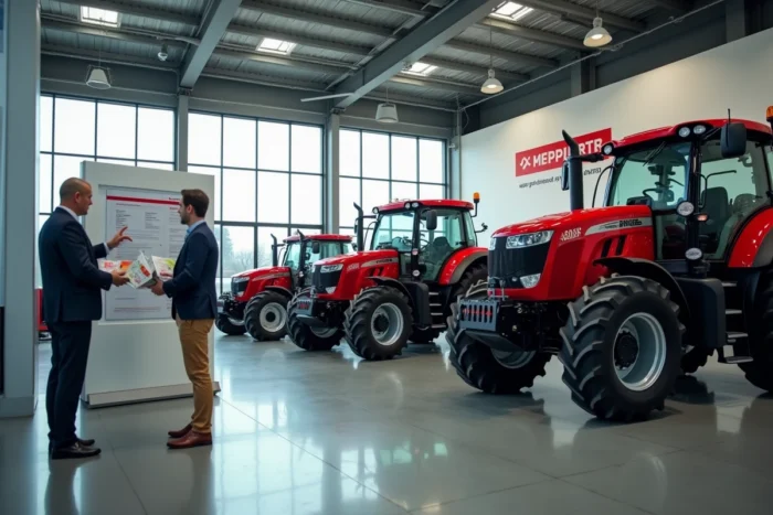 Concessionnaire présentant des tracteurs neufs à des agriculteurs dans un showroom