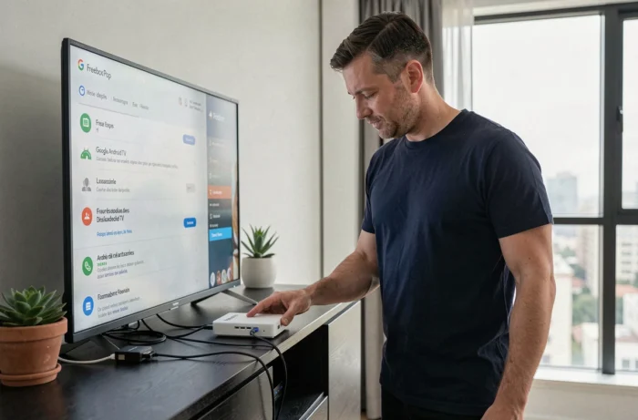 Homme configurant les paramètres Google sur une Freebox Pop connectée à un téléviseur dans un appartement contemporain