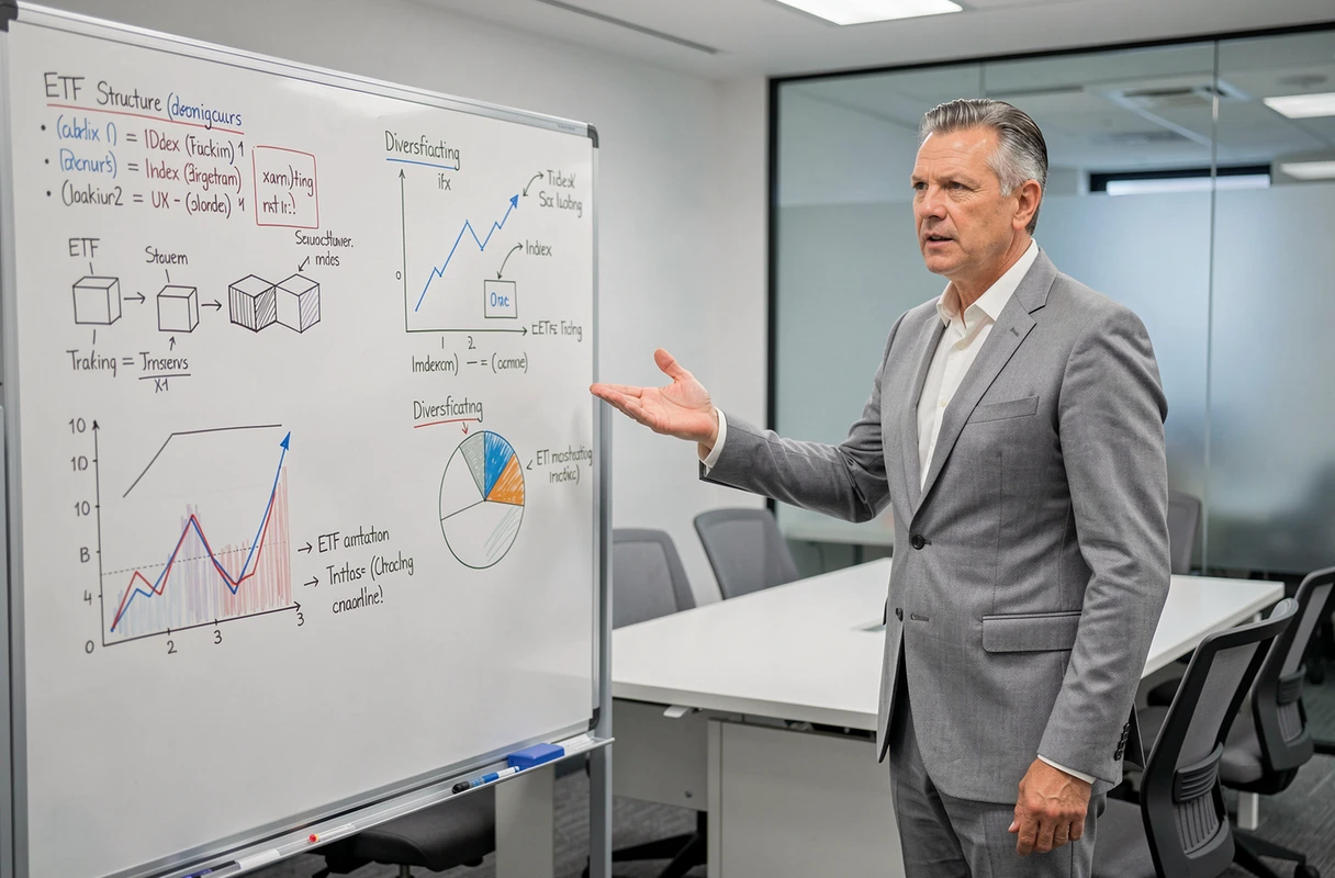Conseiller financier expliquant le fonctionnement et les avantages des ETF devant un tableau blanc en salle de réunion