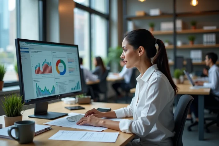 Consultante SEO analysant des tableaux de bord de visibilité en ligne dans un bureau moderne