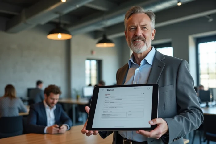 Homme en bureau moderne consultant le plan de navigation d'un site d'information sur une tablette numérique