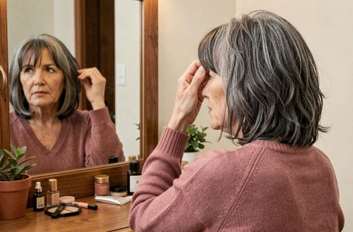 Femme de 60 ans avec une coupe au carré texturé et frange sur cheveux fins gris foncé devant un miroir de coiffeuse à la maison