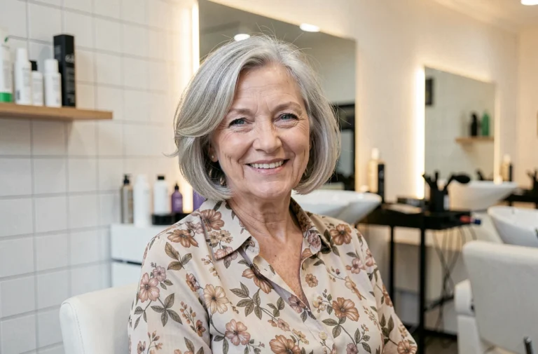 Femme de 62 ans avec une coupe au carré court et volume sur cheveux fins gris argenté dans un salon de coiffure moderne
