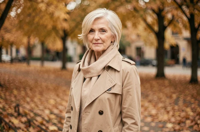 Femme de 65 ans avec une coupe pixie courte et aérienne sur cheveux blonds blancs clairsemés dans un parc en automne