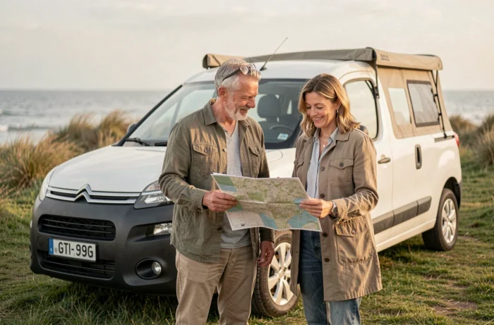 Couple de campeurs heureux consultant une carte devant leur Citroën Campster au bord de la mer