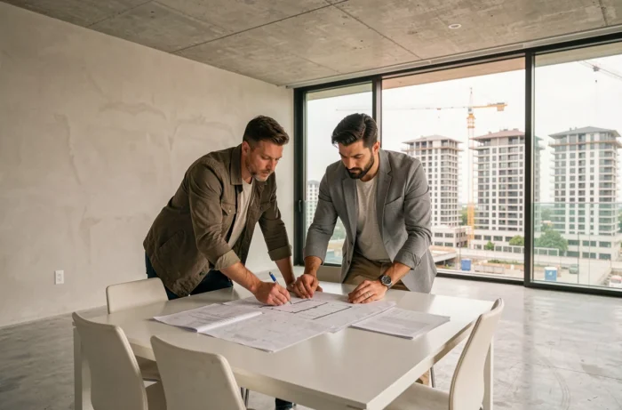 Couple de professionnels étudiant des plans architecturaux dans un appartement neuf avec vue sur un chantier immobilier urbain