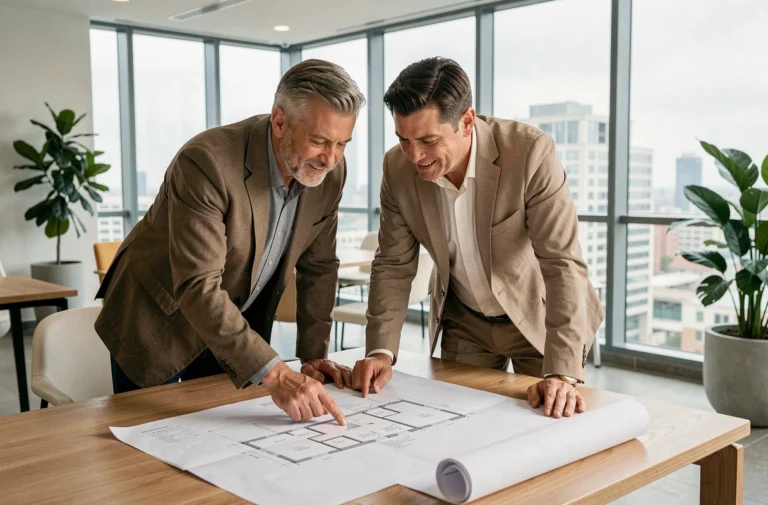 Couple de professionnels examinant des plans architecturaux dans une agence immobilière moderne en 2024