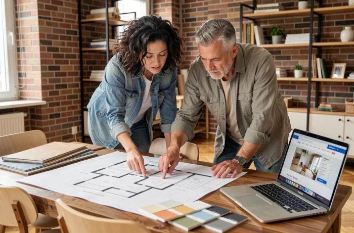 Couple étudiant les plans de rénovation de leur appartement autour d'une table avec échantillons de matériaux
