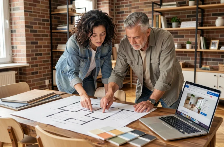 Couple étudiant les plans de rénovation de leur appartement autour d'une table avec échantillons de matériaux
