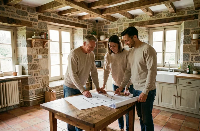 Couple étudiant des plans de rénovation dans une maison de campagne française en cours de travaux